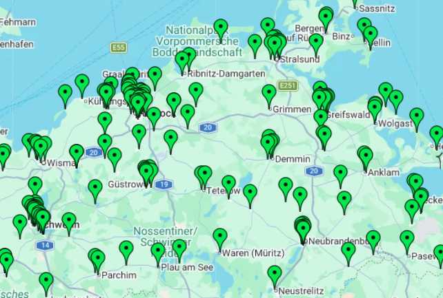 Der Ausschnitt einer Karte von MV. Auf der Karte sind viele grüne Pins. Sie zeigen die Schulen an, die 2026 bei der Juniorwahl in MV mitmachen.