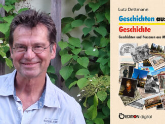Ein Porträt von Lutz Dettmann. Daneben: Das Cover vom Buch "Geschichten aus der Geschichte".