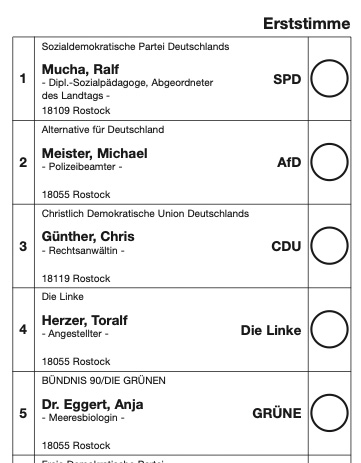 Auszug aus einem Stimmzettel. Darauf stehen Namen von Kandidaten für die Landtagswahl.