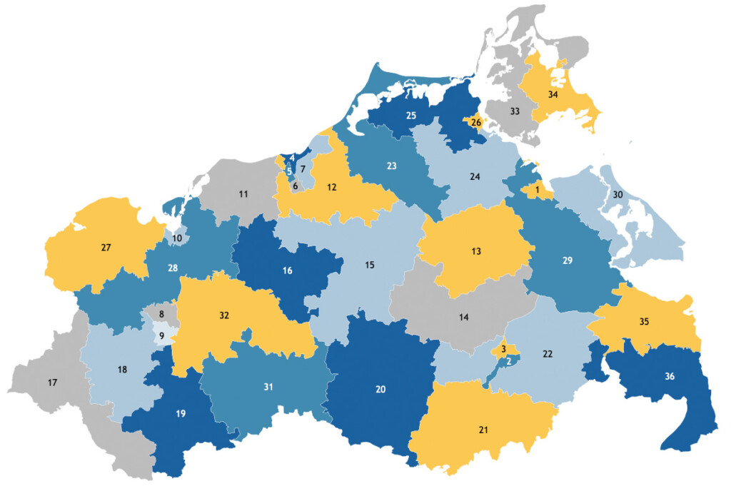 Eine Karte von MV mit allen 36 Wahlkreisen für die Landtagswahl 2026