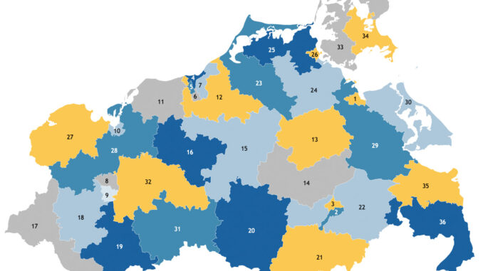 Eine Karte von MV mit allen 36 Wahlkreisen für die Landtagswahl 2026