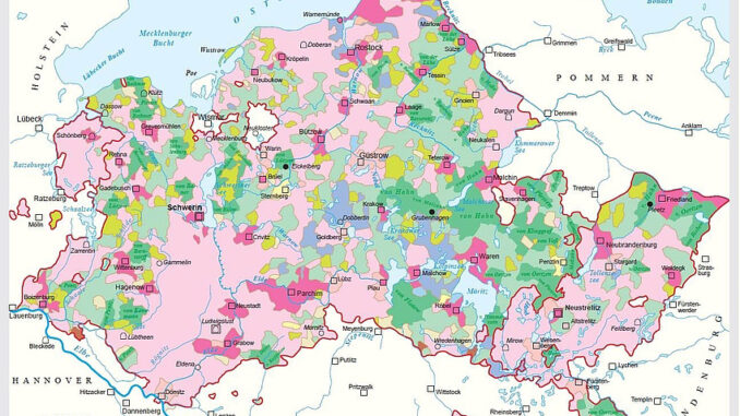 Eine Karte von Mecklenburg. Sie zeigt in verschiedenen Farben die Grundbesitzverhältnisse von 1797 an.