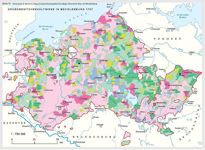 Eine Karte von Mecklenburg. Sie zeigt in verschiedenen Farben die Grundbesitzverhältnisse von 1797 an.