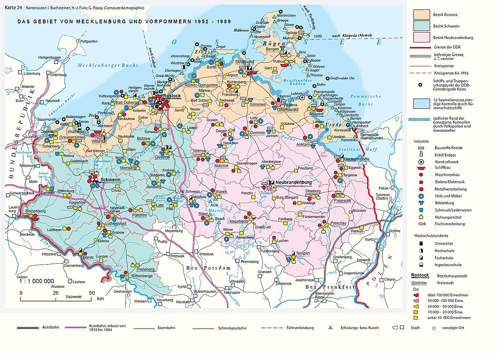 Eine Karte von MV. Sie enthält Infos zu Städten und Industrie während der DDR-Zeit.